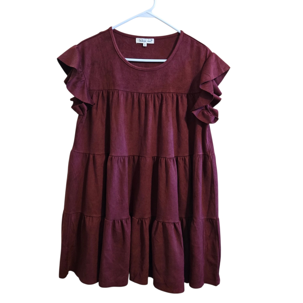 Indigo Soul Womens Burgundy Faux Suede Tiered Ruffle Sleeve Babydoll Dress M